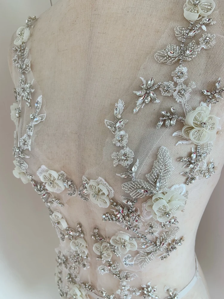Off White Rhinestone Applique with 3D Flowers For Haute Couture Bodice Patch Sewing Wedding Motif view 5