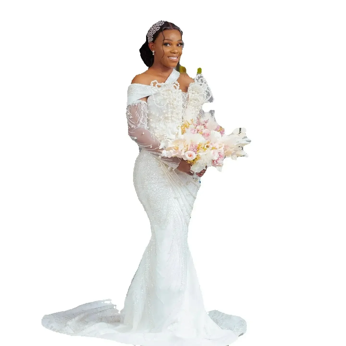 

Customized One Shoulder Heavy Pearls Beads Luxury Bridal Dress Sweep Train Vestidos De Novia Backless African Wedding Gowns