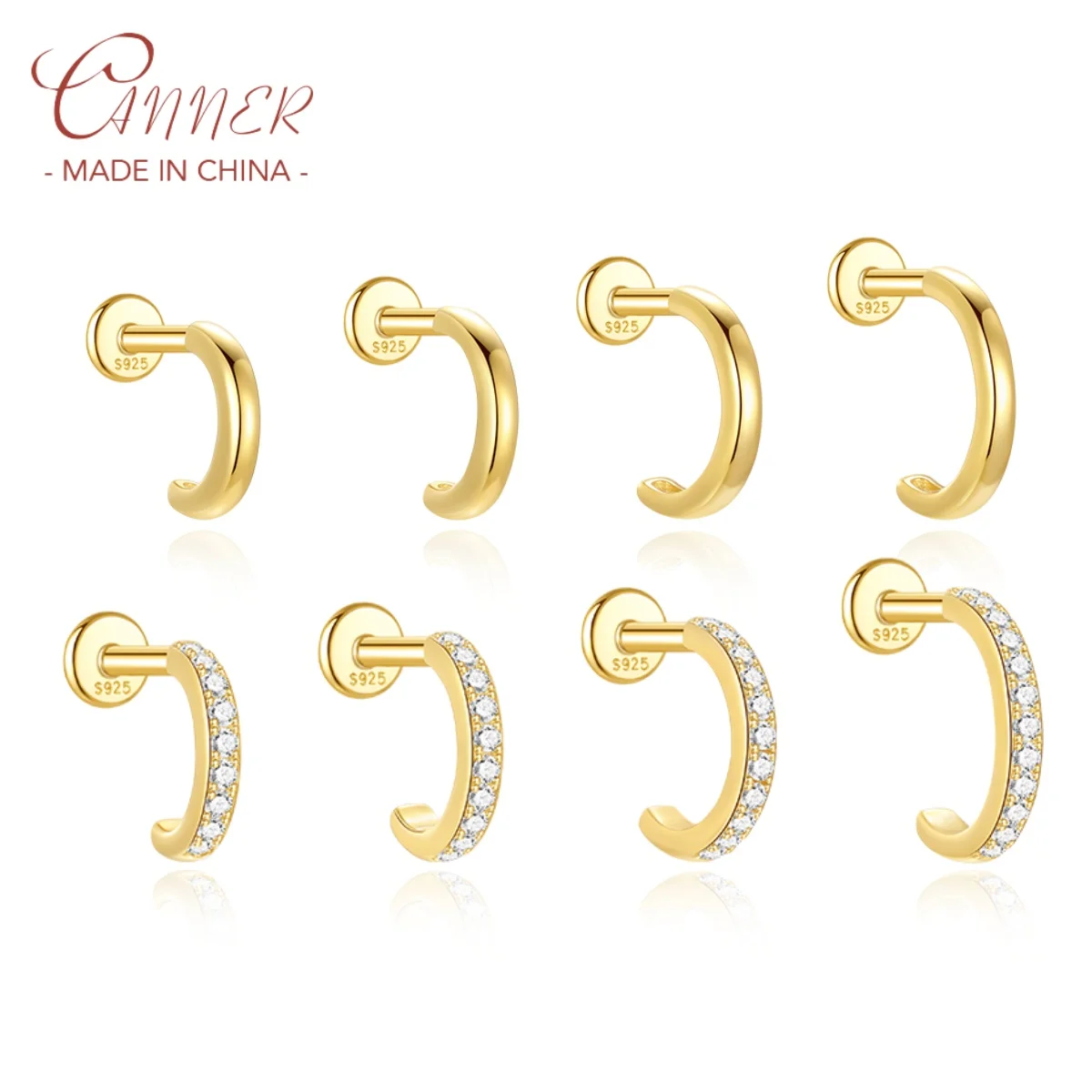 CANNER 1Pc 925 Sterling Silver Simple Zircon Smooth Multiple Sizes Hoop Earring For Women 18K Gold Plated Perfect For Daily Wear