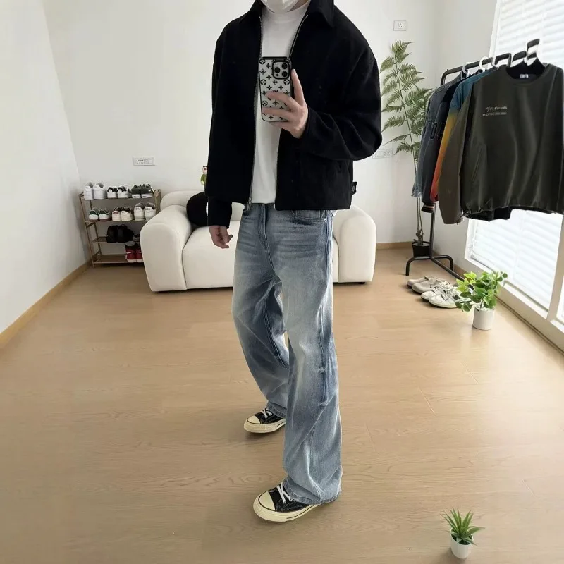 Men Cleanfit Loose Straight Jeans American High Street Heavyweight Washed Blue A‑Fit Denim Trousers Casual Streetwear Long Pants