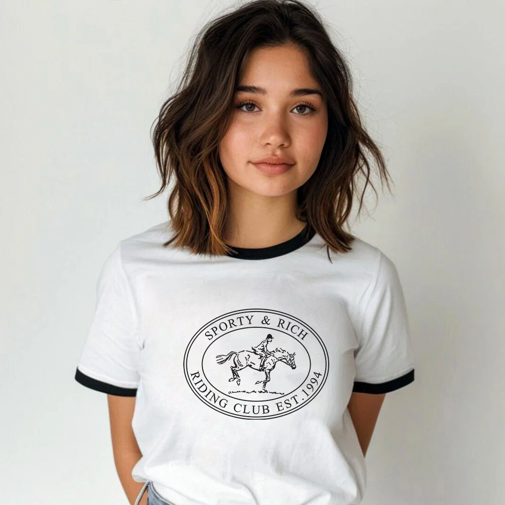 American Vintage Style Riding Club Graphic Tees Female Short Sleeve Loose Cotton Ringer Tops 90's Ins Fashion Casual T Shirts