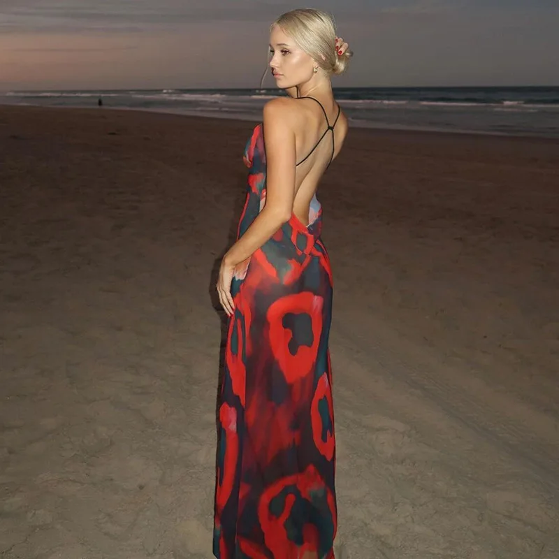 Vestido largo de fiesta con estampado rojo para mujer, sin mangas para playa traje Sexy, informal, diario