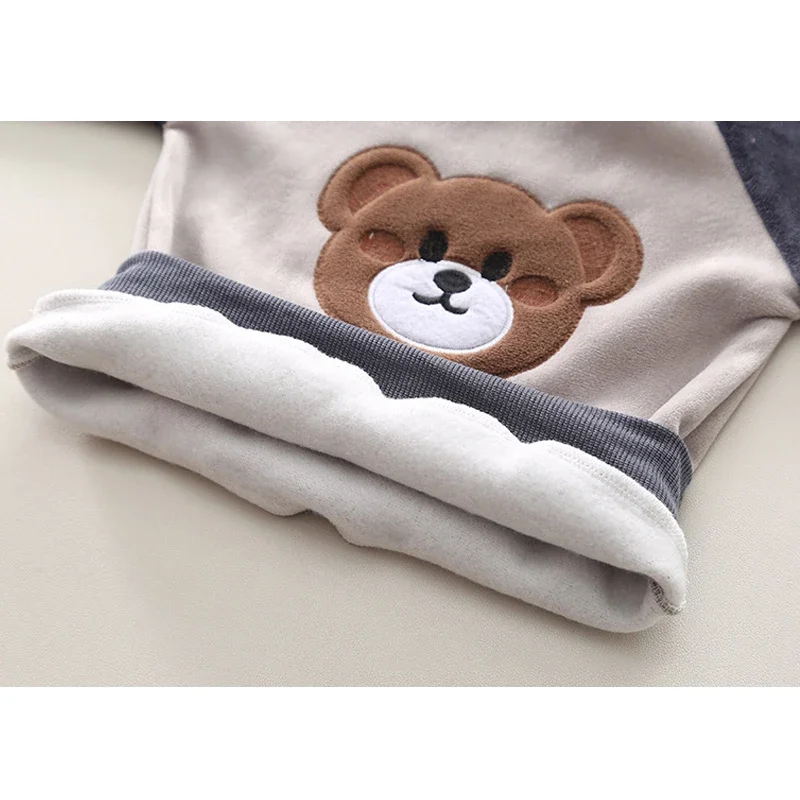 New Autumn Winter Warm Boys Girls Clothing Set Cartoon Bear Lined With Velvet Hooded Vest + Shirt + Pants 3Pcs Suit For Kids image 5