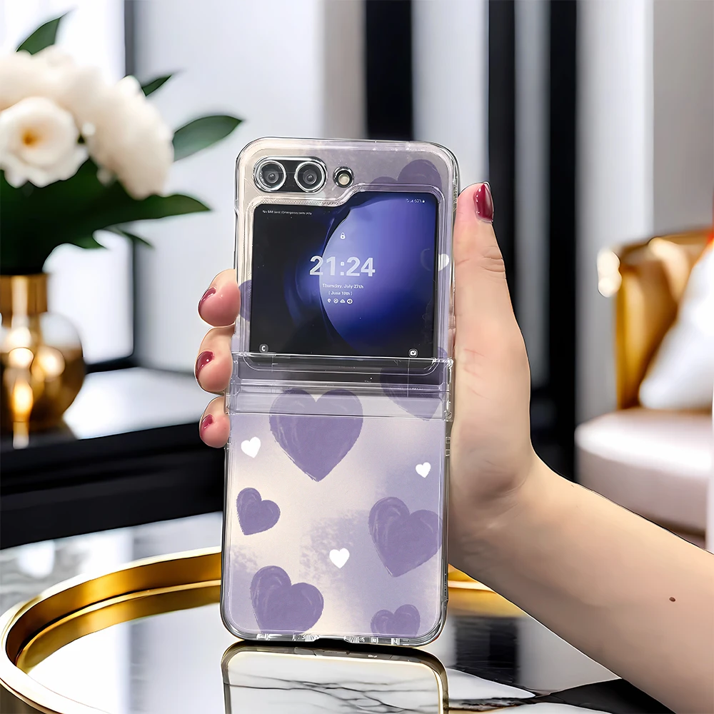 Purple Heart Pattern Case For Samsung Z Flip 4 Phone For Galaxy Z Flip 5 Zflip3 ShockProof Clear Case PC Z Flod 5 Survival Cover