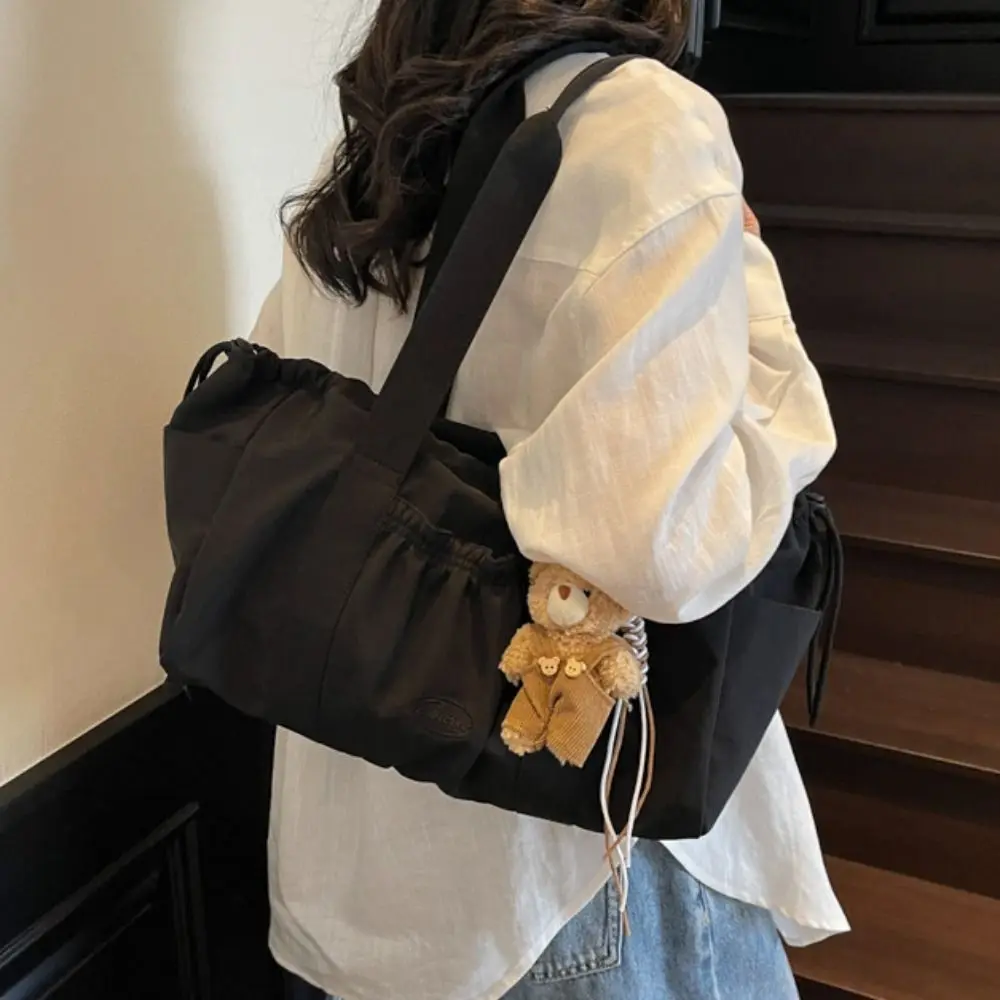 

Portable Sweet Drawstring Tote Bag Large Capacity Solid Color Nylon Shoulder Bag Pleated Minimalist Lightweight Handbag Student