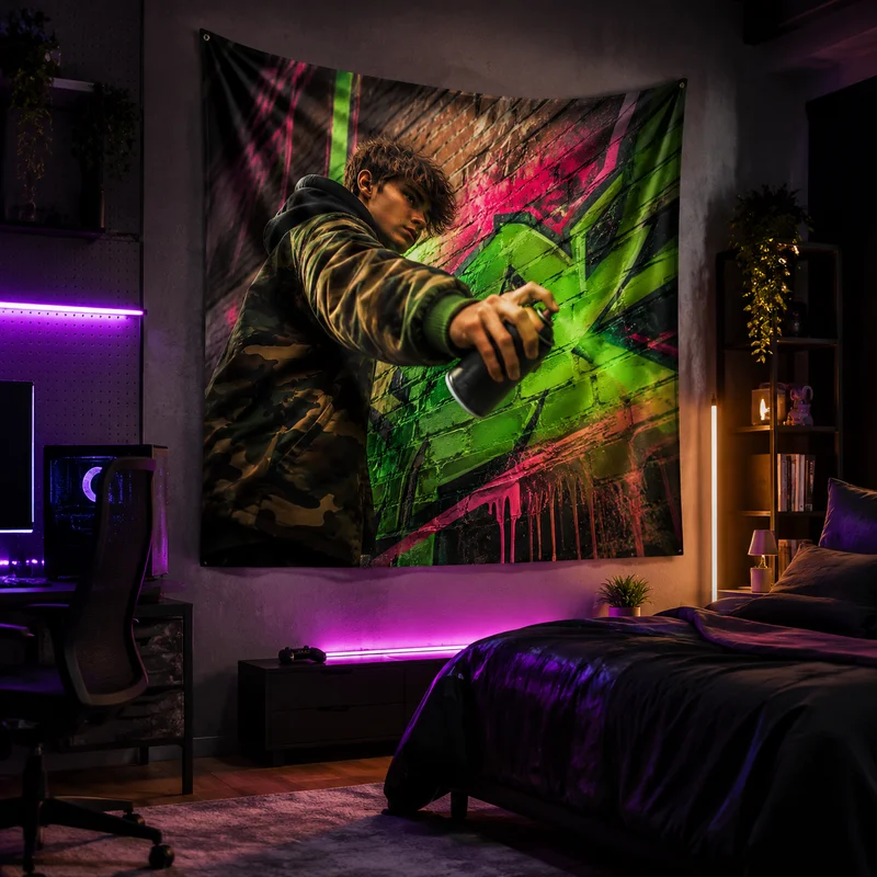 VIKAMA Graffiti Street Style Tapestry, Cyberpunk Teen Spray-Painted Wall Hanging, Wall Decoration for Bedrooms and Game Rooms