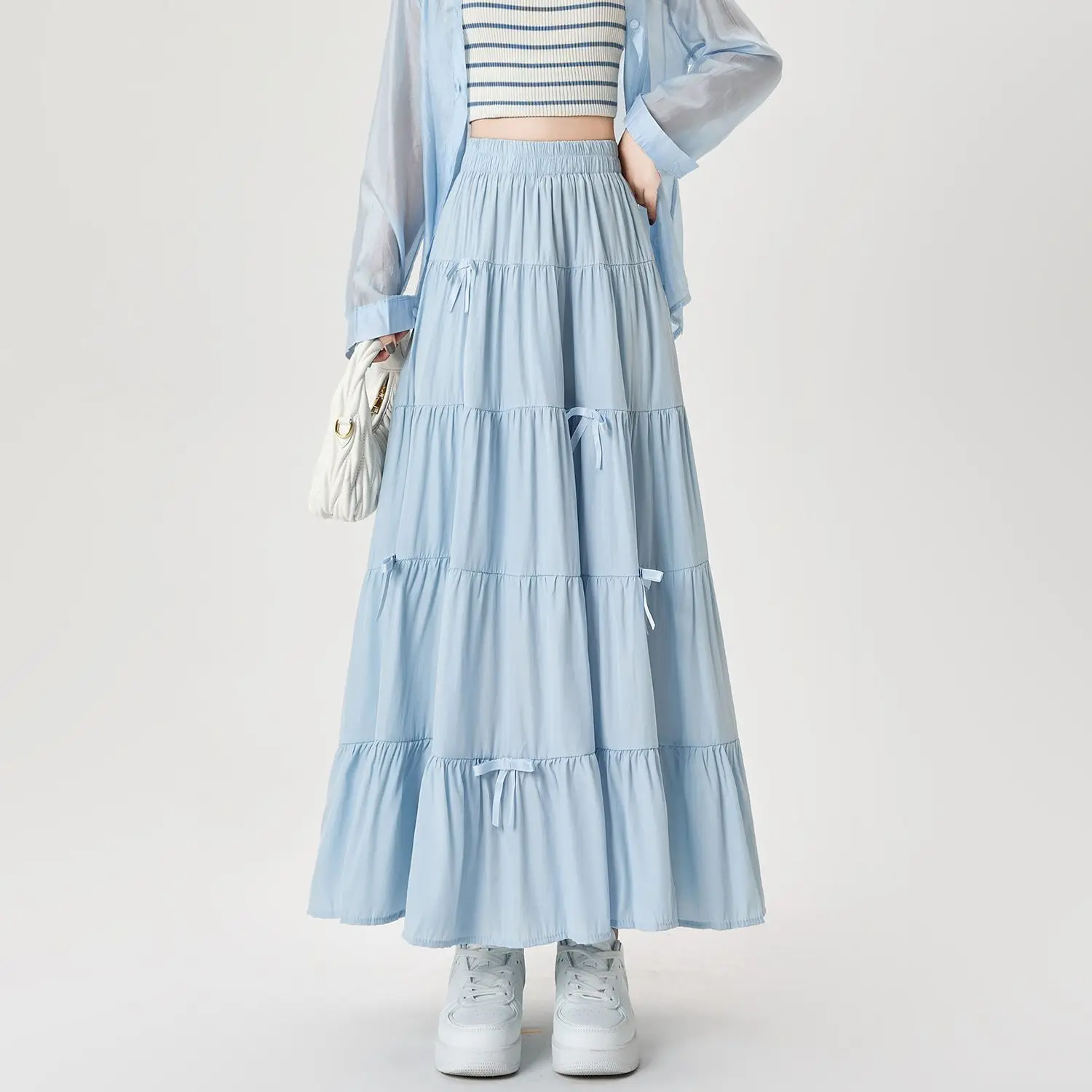 

New Blue Skirt for Women Skirts Bow Cake Skirt Loose and Tight High-waisted Large-swing A-line Long Dress