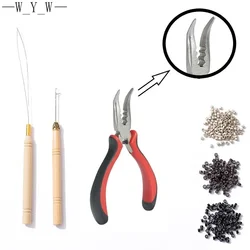 1 Bottle/100Pcs Micro Links/Beads+1Pc Pulling Needle+1Pc Crochet Needle+1Pc 3 Holes Curved Mouth Plier Hair Extensions Tool Kit