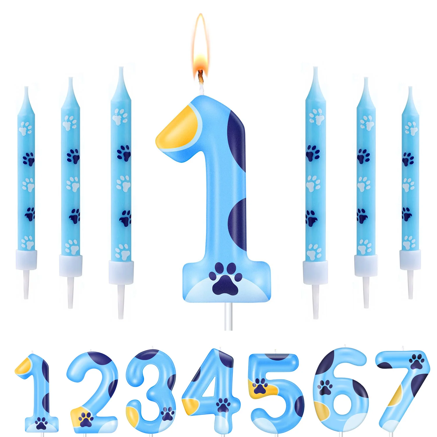 Velas em Forma de Pata de Cachorro Azul Números 1-7 Decorações para Bolos e Cupcakes para Meninos e Meninas
