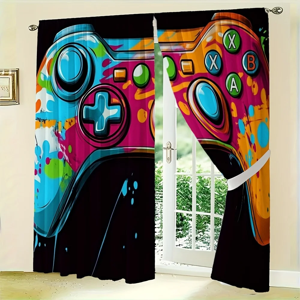 2PC Video Game Gamer Controller Curtains Pop Art Window Panel Man Cave Retro Arcade Decor Bright Curtain