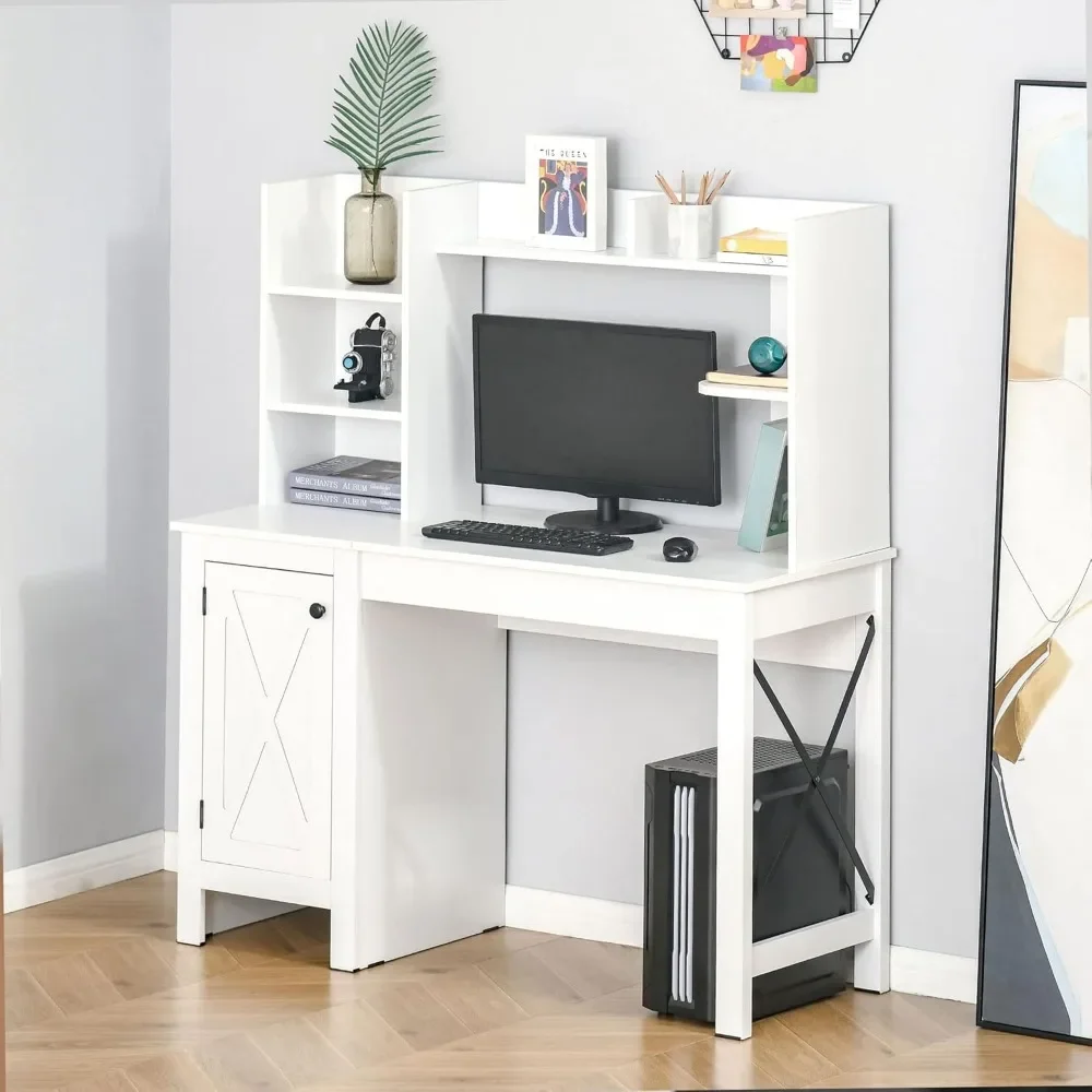 Bureau d'ordinateur de ferme avec clapier et armoire, bureau de bureau à domicile avec rangement, bureau d'étude blanc