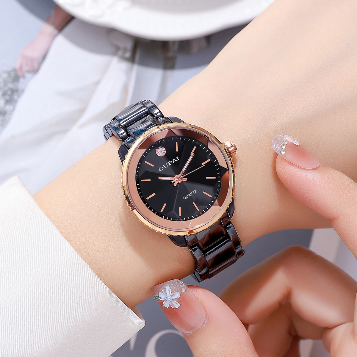 

Oupai watch women's black ceramic Japan quartz move fashion simple luminous hands