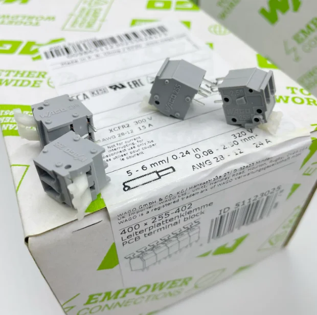 WAGO 255‑402 2‑Pole PCB Terminal Block, 5.08mm Pitch 0.08‑2.5mm² Cage‑Clamp Push‑Button Connector