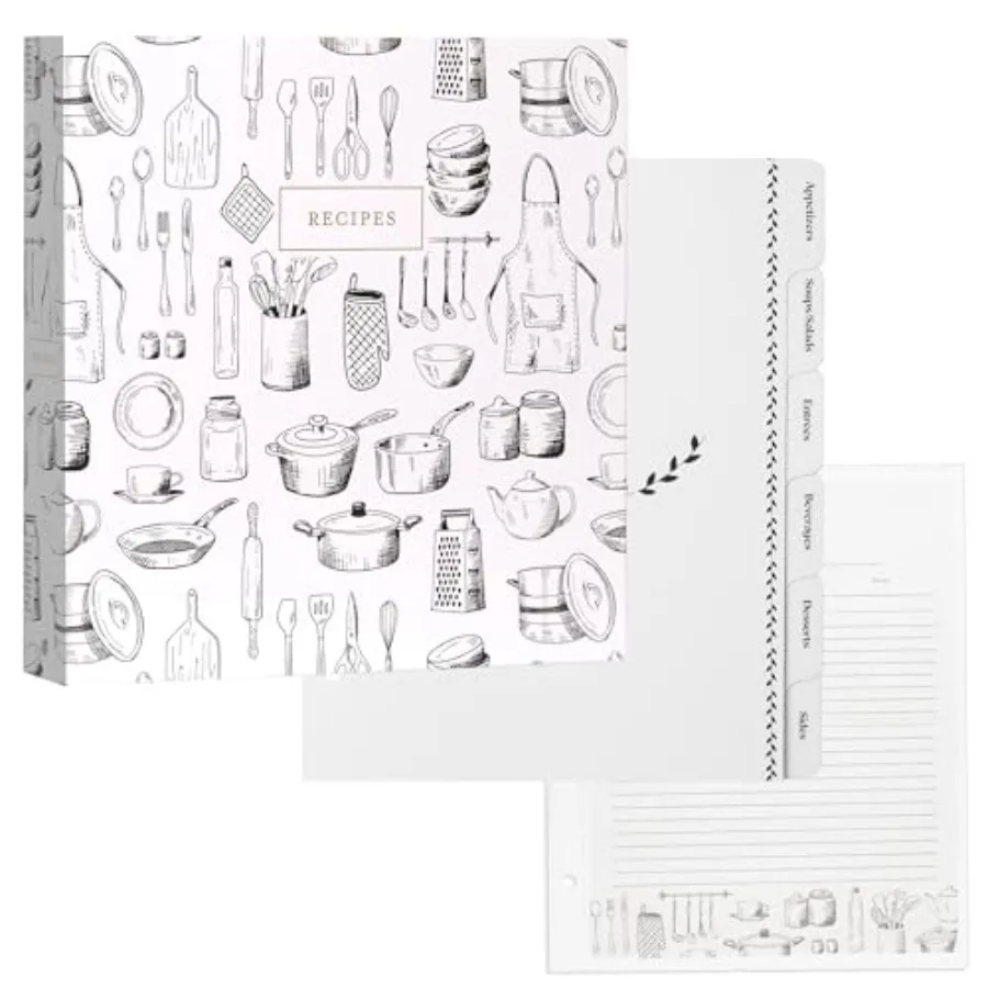 

3 Ring Recipe Binder with Spill-Proof Clear Binder Sleeves Sheet Protector, 30 Dual-Sided Recipe Card Pages for Written and Pri