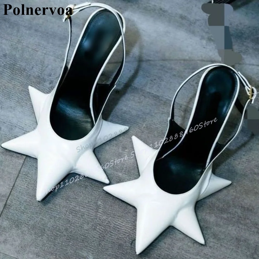 Unique Slingback White Leather Shallow Star Sandals Thin High Heel Women Shoes Buckle Strap Pointed Toe 2025 Zapatos Para Mujere