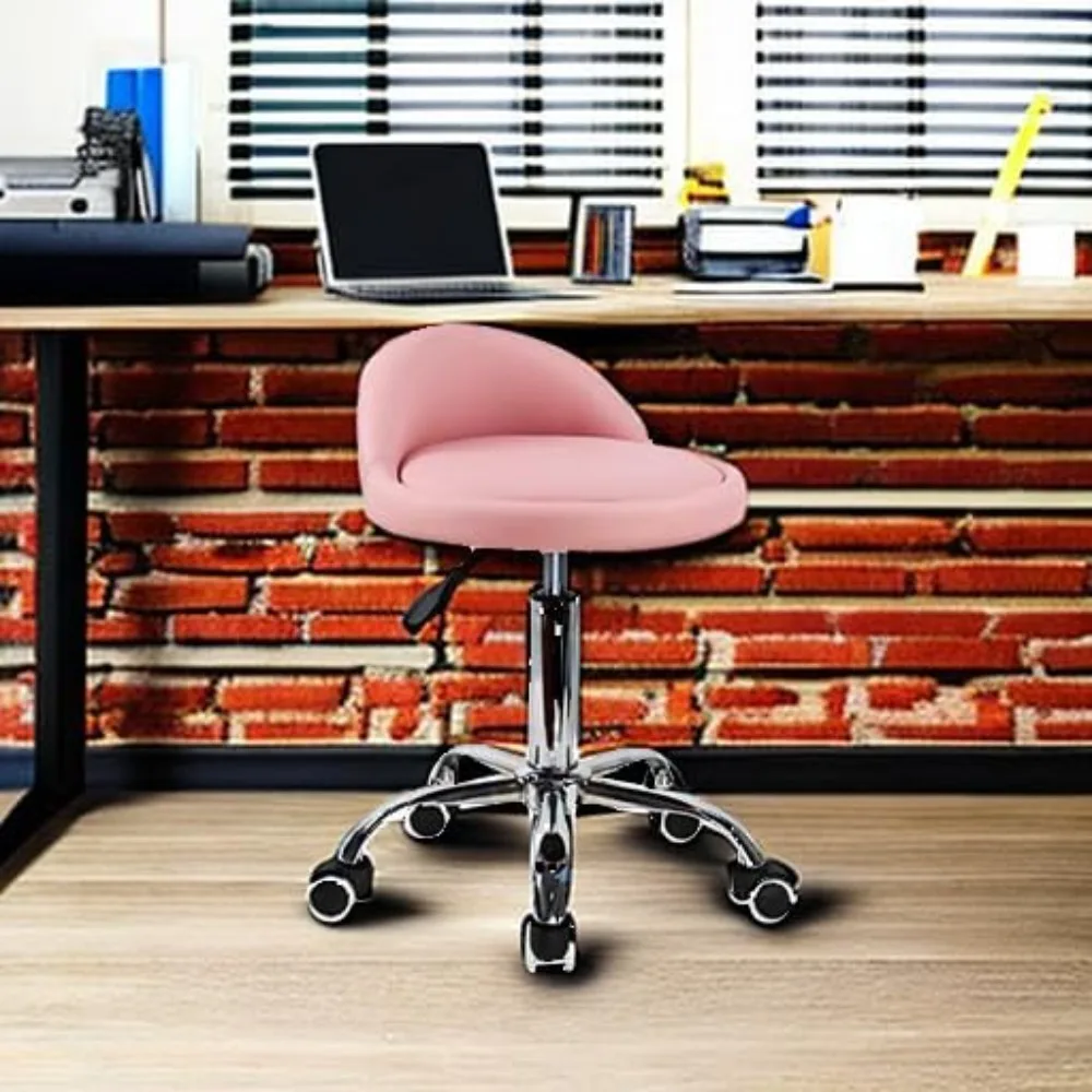 Adjustable Swivel Rolling Stool with Backrest, PU Leather Seat, 360-Degree Rotation, Pink - Ideal for Work and Salon
