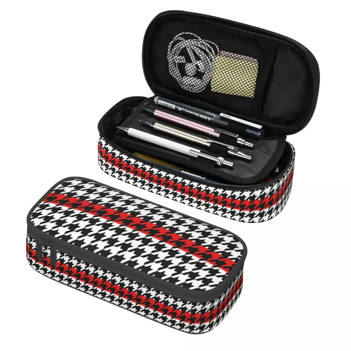 

Customized Modern Houndstooth With Red Stripe Pencil Cases for Girl Boy Large Capacity Dogstooth Pen Box Bag School Accessories