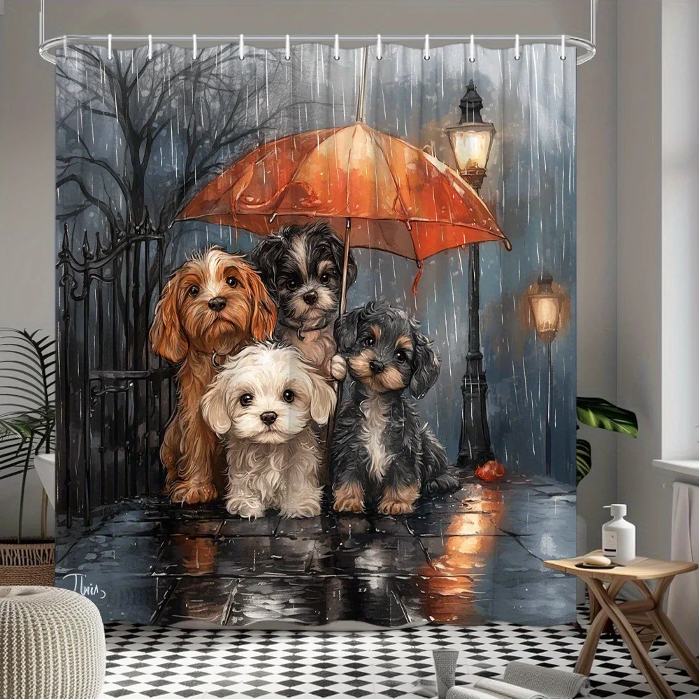 Cute Puppy Group Rainy Day Bathroom Shower Curtain Dog Family Cartoon Pet Shower Curtain Bathroom Decor
