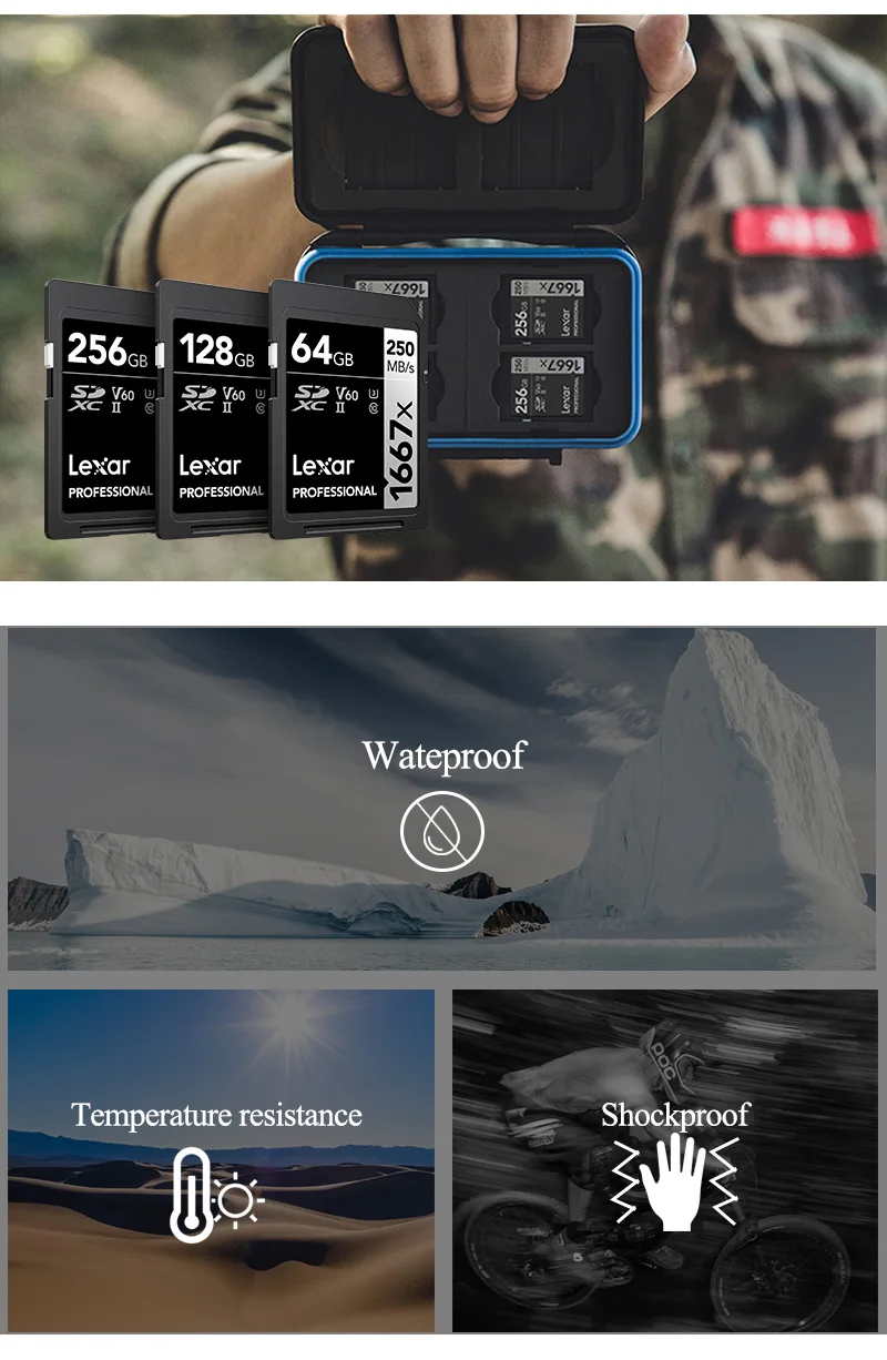 Lexar Professional SD-Karte 1667x 64GB 128GB 256GB SDXC UHS-II V60 Klasse 10 Speicherkarte bis zu 250MB/s 4K SD-Karte für DSLR-Kamera – Detail 4