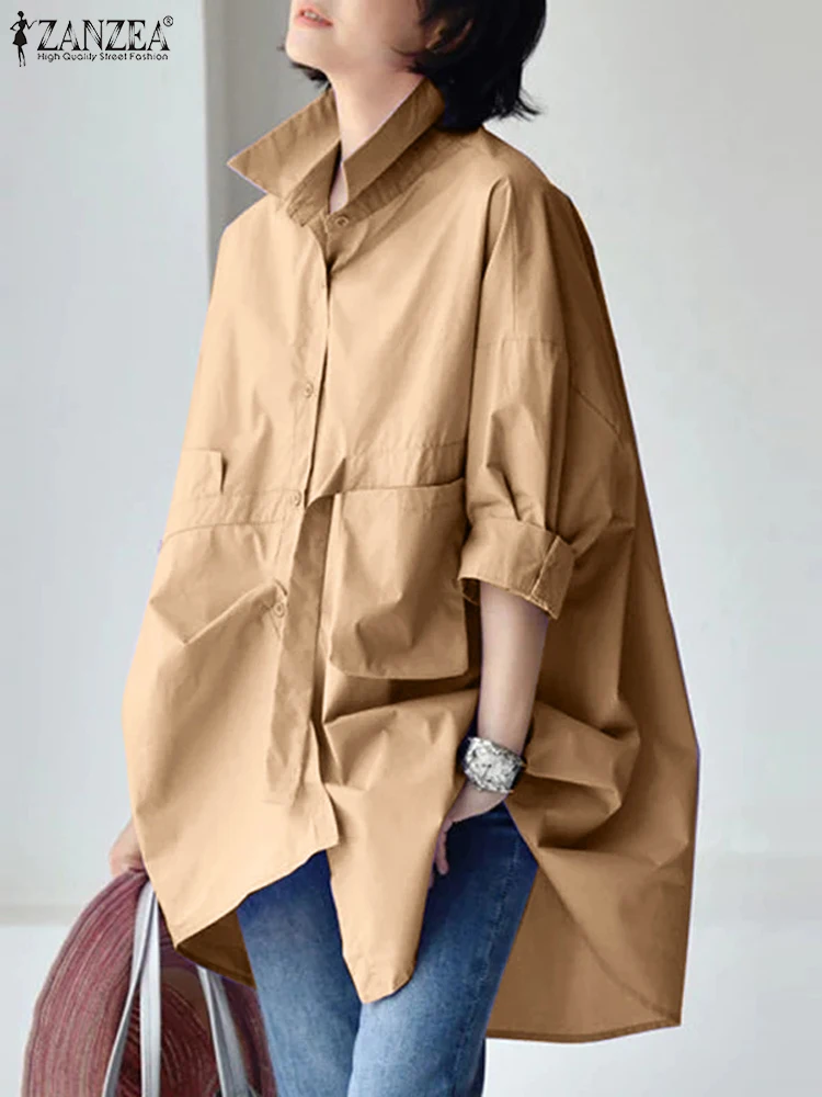 ZANZEA Women Chic Shirts Loose Casual Turn-down Collar 3/4 Sleeve Oversize Chemise Femme 2025 Spring Summer Solid Color Tops