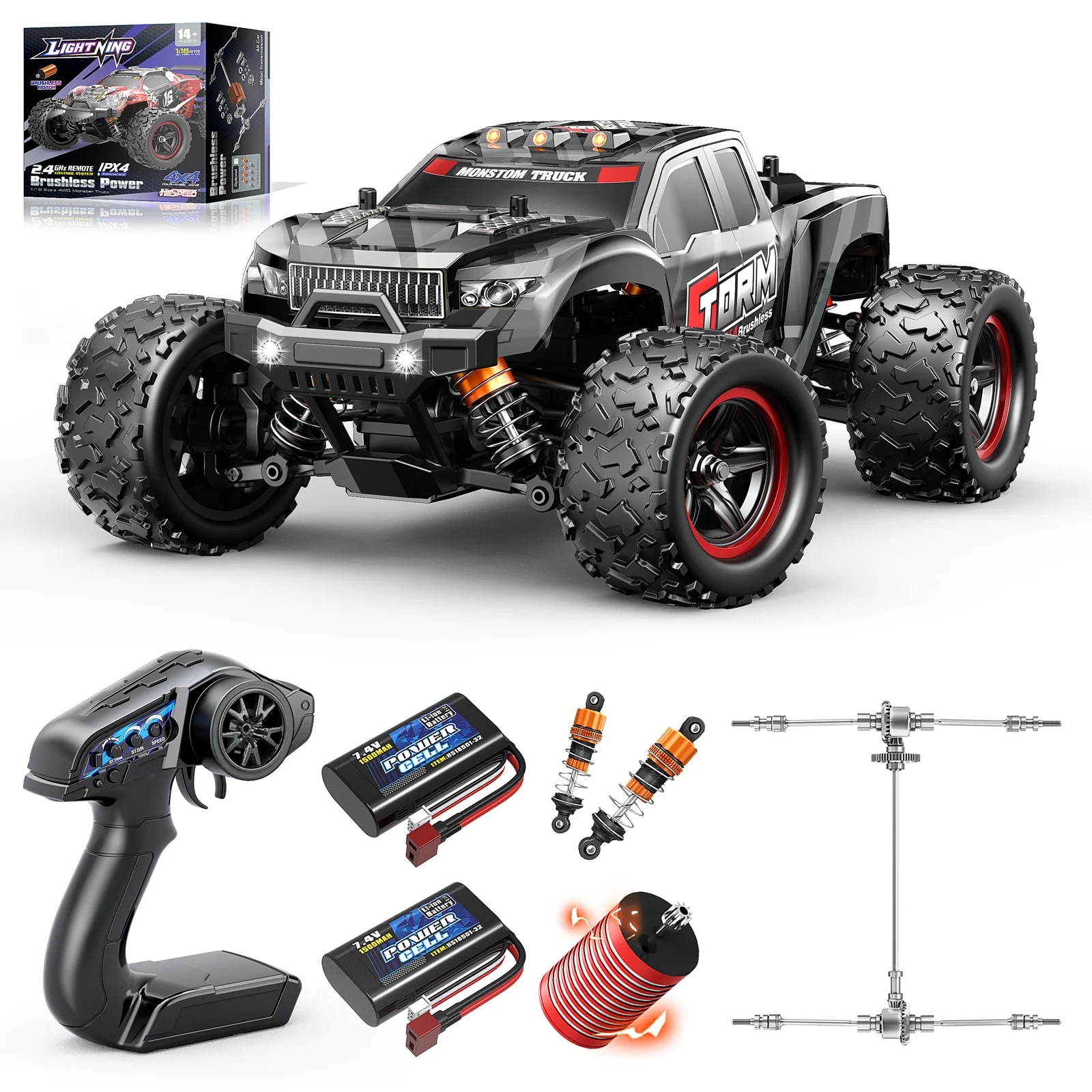 Wanhs18-02max RC Auto 1:18 Bürstenloser RC-Wagen für Erwachsene & Jungen, Vollmetall-Antriebsstrang Offroad-RC-Rennwagen 52 km/h, Geschwindigkeitsregelungsauto für Erwachsene mit 2 Batterien und