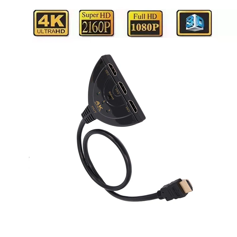 Przełącznik kompatybilny z HDMI Rozdzielacz KVM 4K 2K 3D 3 wejścia 1 wyjście Mini 3-portowy koncentrator przełącznika wideo 1080P do DVD HDTV Xbox PS3 PS4