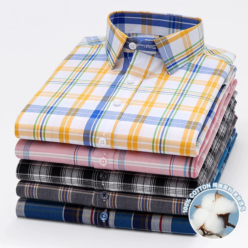 100% Cotton Summer Short Sleeve Shirts Men\'s Plaid Stripe Fit Breathable Soft Comfortable Casual Travel Social Shirt Men