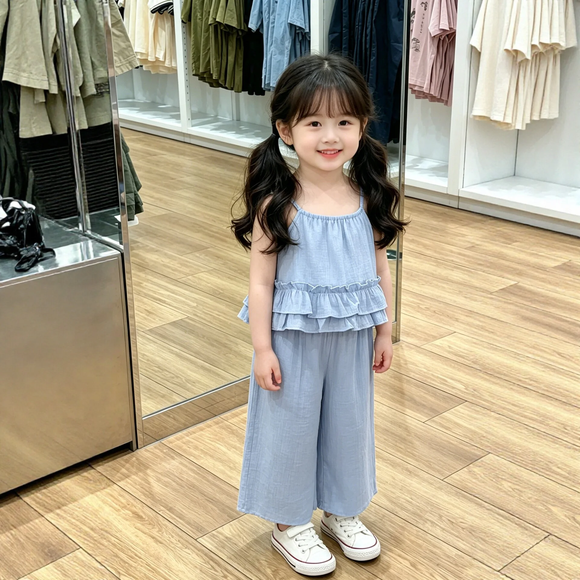 2026 New Girls Summer Set Thin Ruffle Strapless Wide Leg Pants Two Piece Set Young Kids Stylish Princess Style