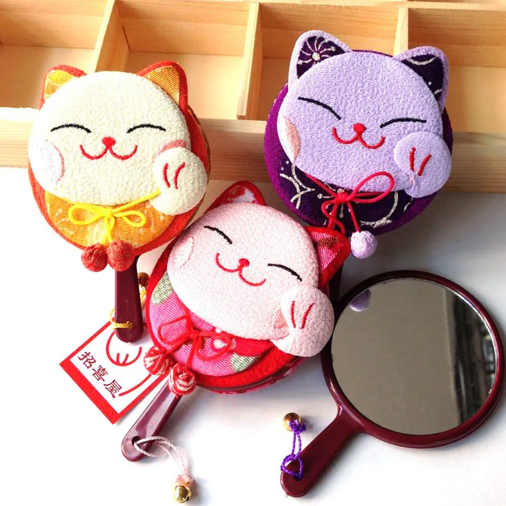 1Pcs Cartoon Fortune Cat Handheld Mirror Small Portable Travel Makeup Compact Vanity Mirror for Women Girls