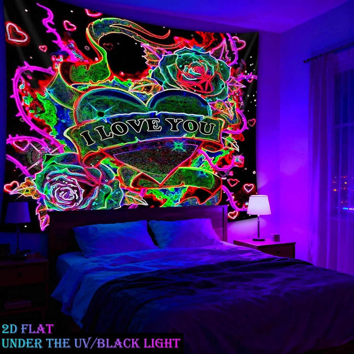 Abstract Neon Blacklight Tapestry Wall Hanging Boho Love Heart Decoration UV Reactive Bedroom Rave Art Home Decor Print