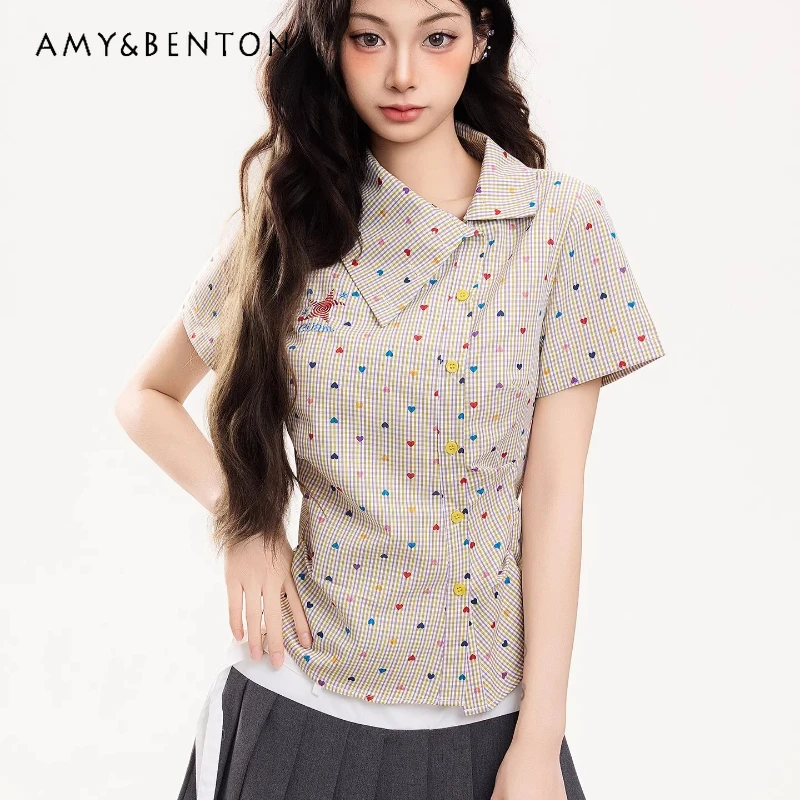 

Модная женская рубашка с коротким рукавом в клетку с вышивкой и принтом «Любовь», новинка 2026 года, омолаживающая, универсальная, в стиле Y2K