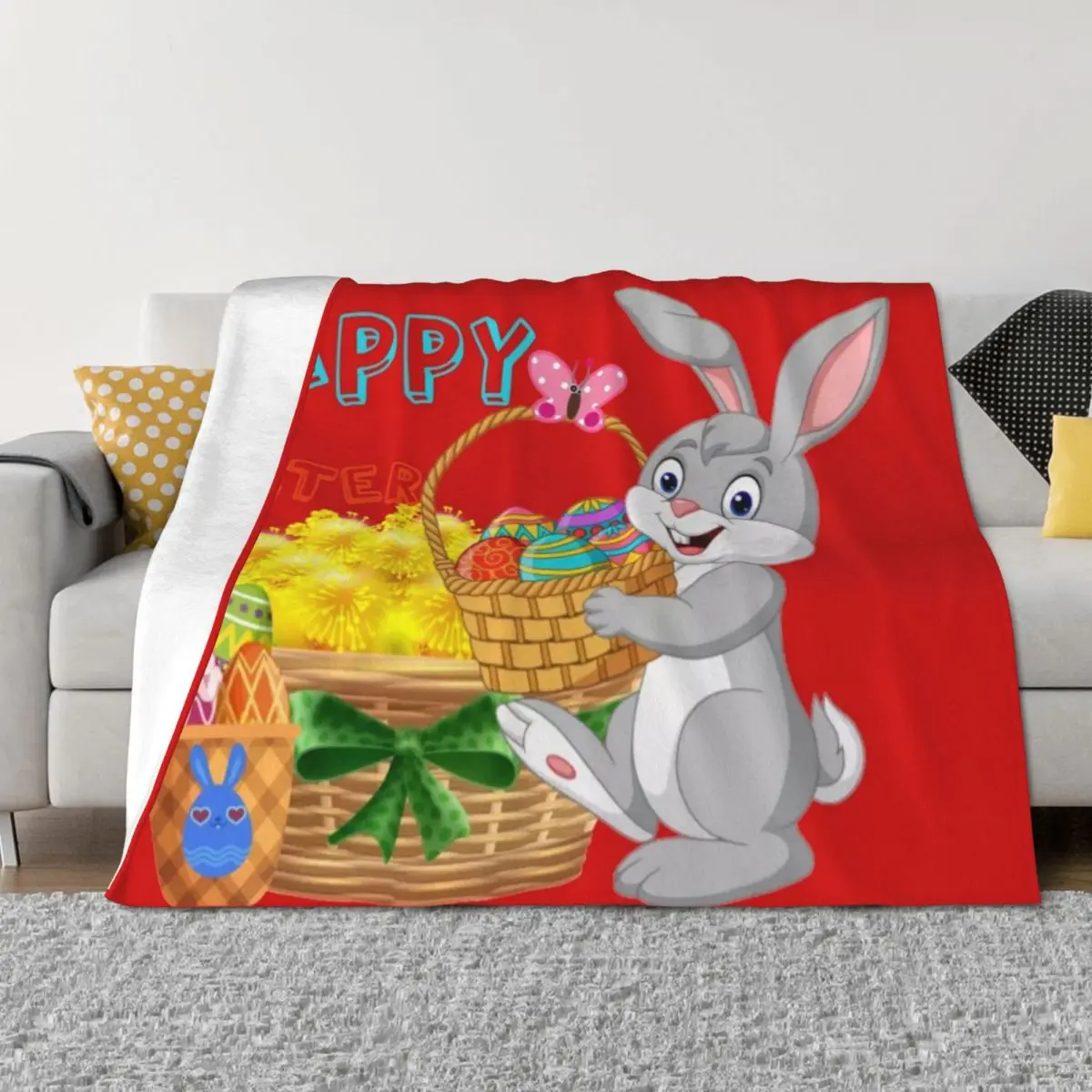 

Happy Easter - Bunny With Dandelions and Easter Eggs Throw Blanket wednesday Luxury Hair Sofa Throw Blankets