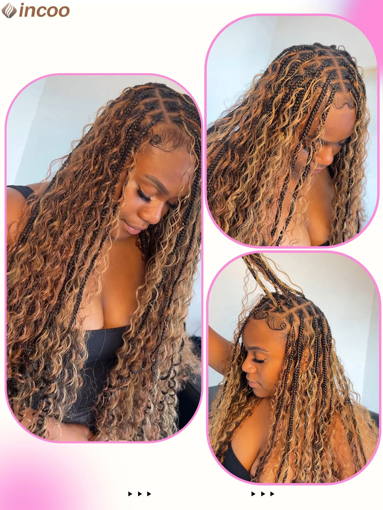 Synthetic Boho Knotless Box Braided Wigs For Women 36 Square Part Ombre Blonde Curly Braided Full Lace Front Wigs With Baby Hair