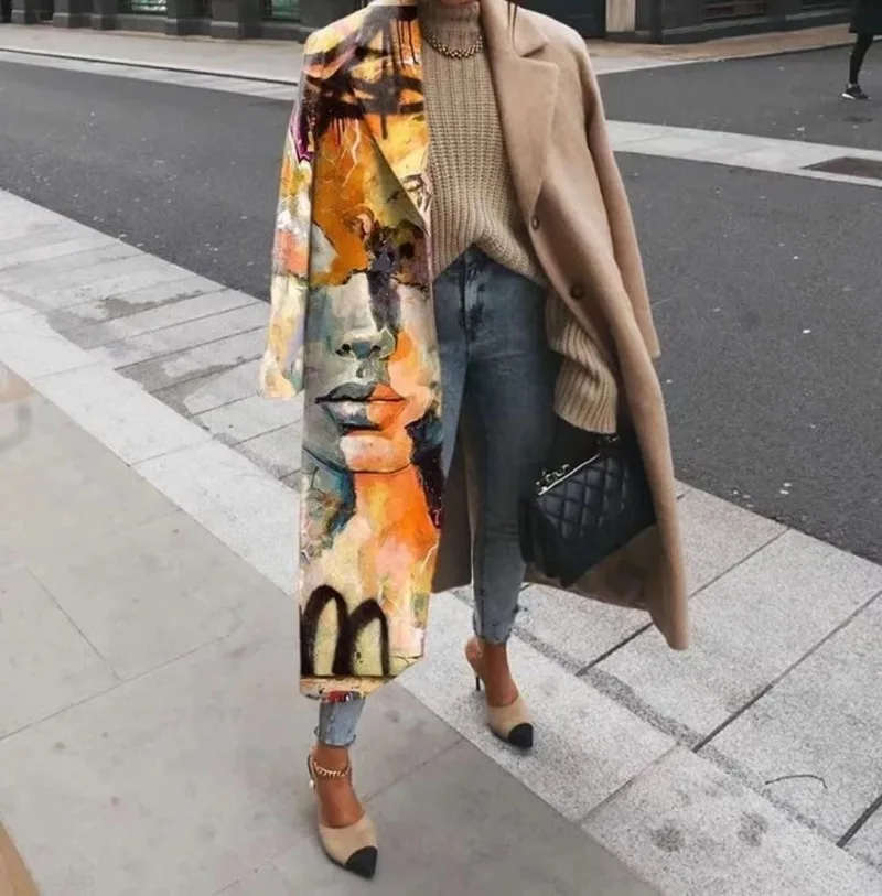 Cárdigan largo con estampado Floral para mujer, chaqueta de manga larga con bolsillo, abrigo de mezcla de lana elegante para otoño e invierno, 2023