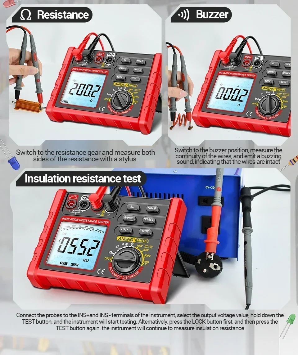 ANENG MH15 Digitaler Megger-Tester 6000 Zähler Isolationswiderstandsmessgerät 100V 250V 500V 1000V Isolationsmessgerät Stromkreisprüfgerät – Detail 17