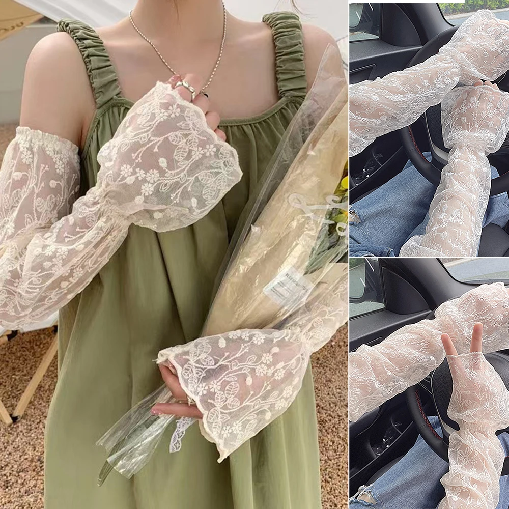 Sweet Lace Floral Anti-sunburn Sleeve Summer Women Driving Gloves Long Fingerless Cool Muff  White Beige Arm Sleeves Woman New