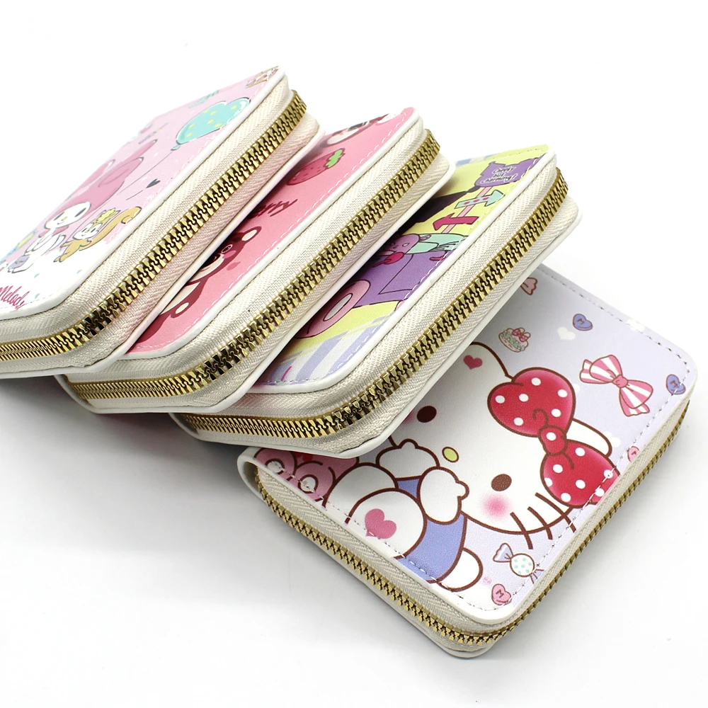 Sanrio-billeteras de Hello Kitty para mujer, portatarjetas de cuero portátil, monedero con cremallera para niñas, regalo para estudiantes, billetera pequeña de dibujos animados