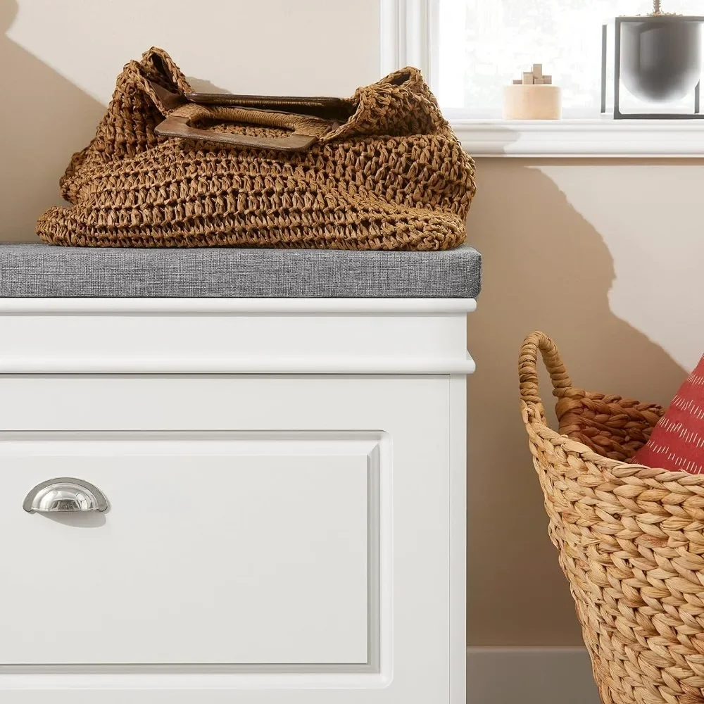 White Hallway Shoe Bench with Adjustable Shelf, Shoe Rack Shoe Cabinet with Flip-Drawer and Seat Cushion