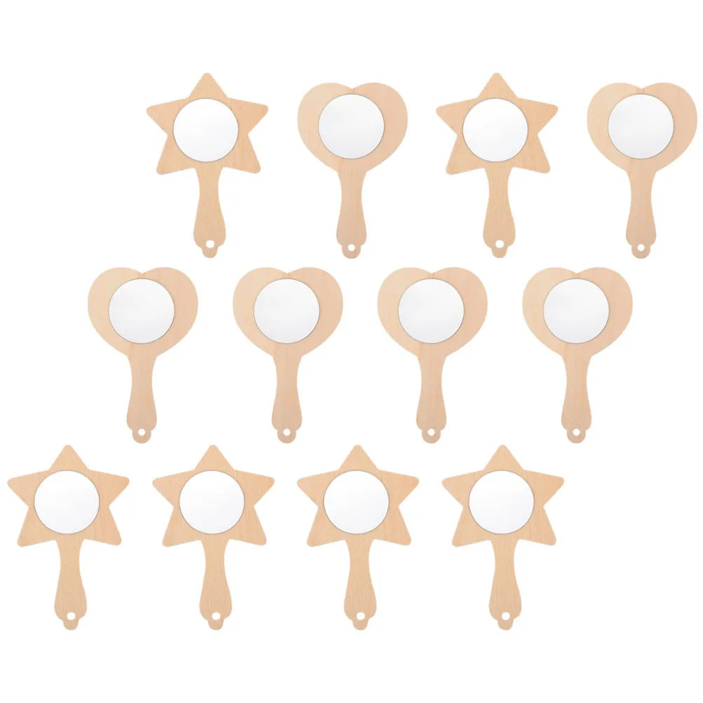 12Pcs DIY Kids Wooden Handheld Mirrors Unpainted Set Craft Material for Hand Brain Coordination Educational Painting Activity