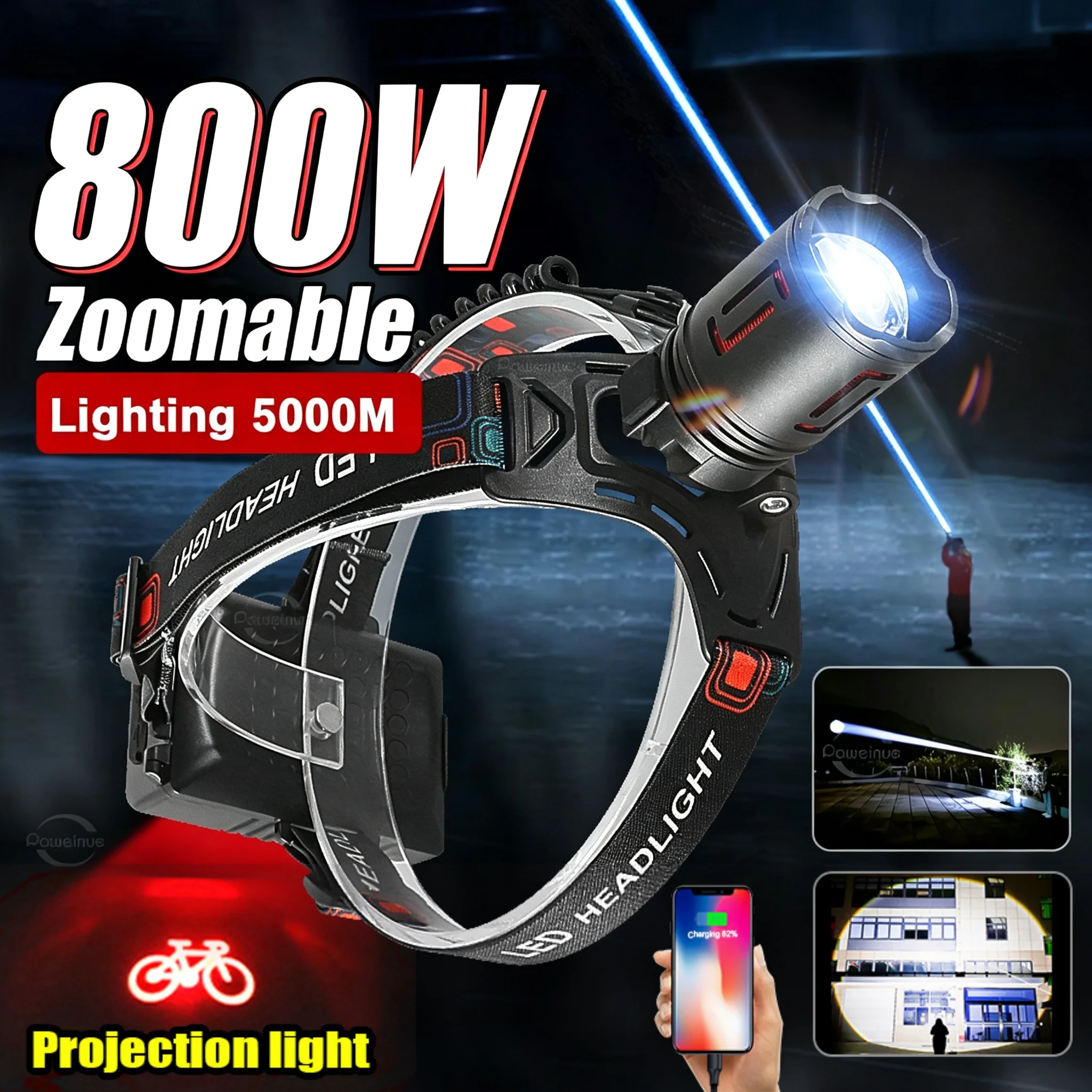 800W Zoomable LED Headlamp Type‑C Rechargeable Head Light with Bicycle Projection Warning Light Long Range Flashlight for Riding
