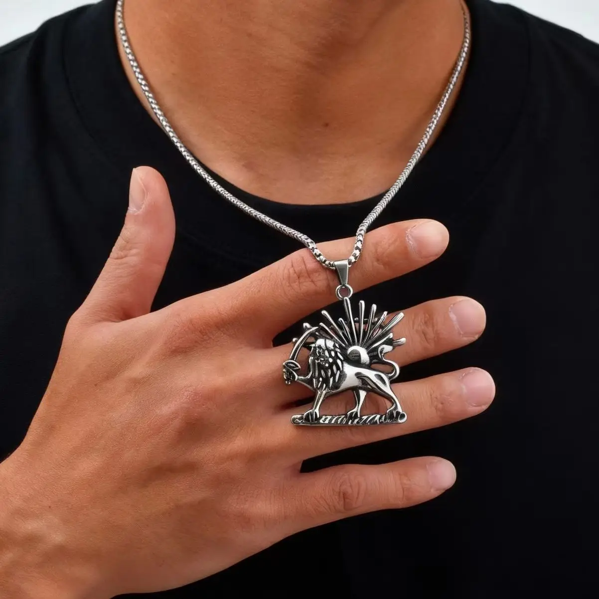 Persian Lion and Sun Pendant Necklace for Men, Stainless Steel Persia Shamshir Lion Necklace, Iranian Fashion Jewelry Gifts