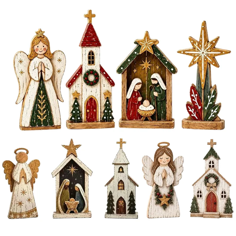 Christmas Rustic Wood Angel Desktop Ornament Vintage Holy Family Angel Chapel Star Statue Christmas Tabletop Home Decoration