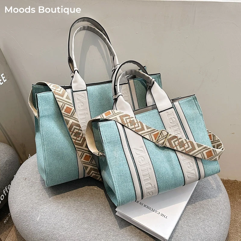 MOODS Striped Big Handbags For Women Two-sized Large Capacity Canvas Shoulder Shopper Tote Bag 2024 New Luxury Designer Satchels