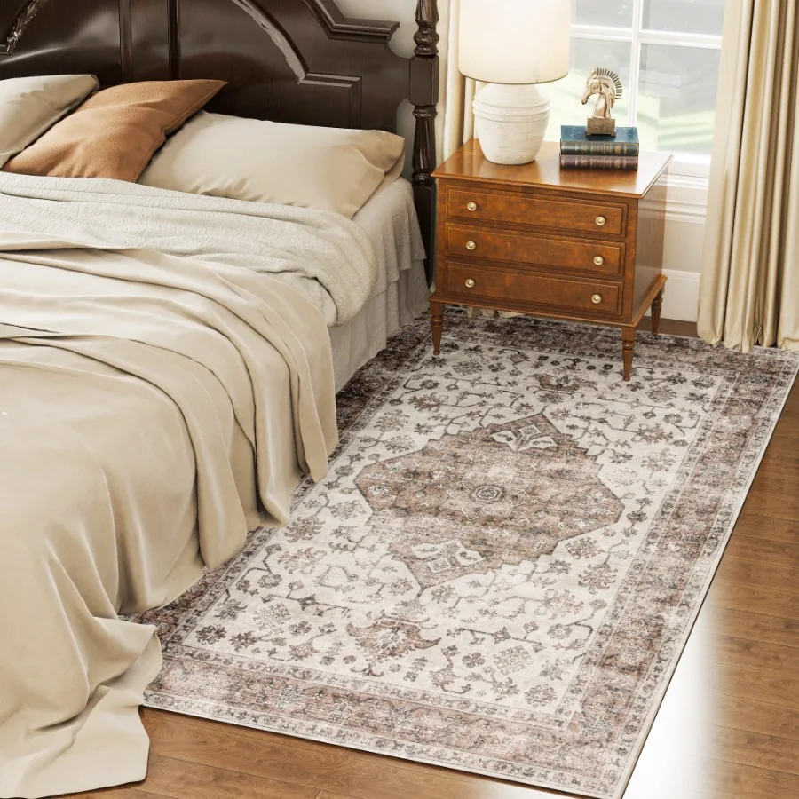 4x6 Area Rug, Vintage Machine Washable Rug, Non-Slip Floor Carpet For Living Room, Bedroom, Dining Room, brown
