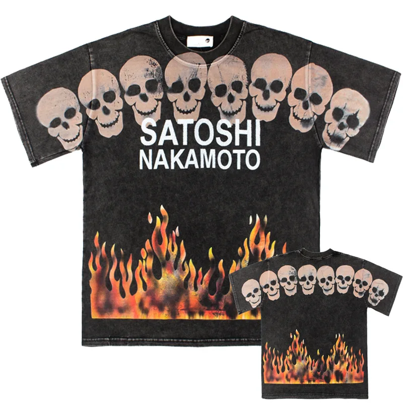 Satoshi Nakamoto retro hip-hop brand: Street washed and distressed flame skull short-sleeved T-shirt