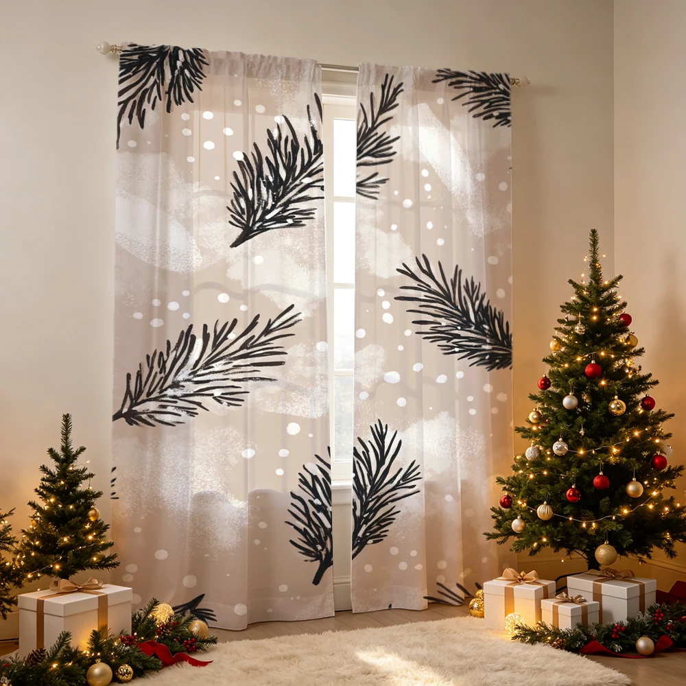 2PCS Khaki black pine branches dots Print Curtains, Bedroom Living Room Window Drapes, Rod Pocket Polyester, Home Decor