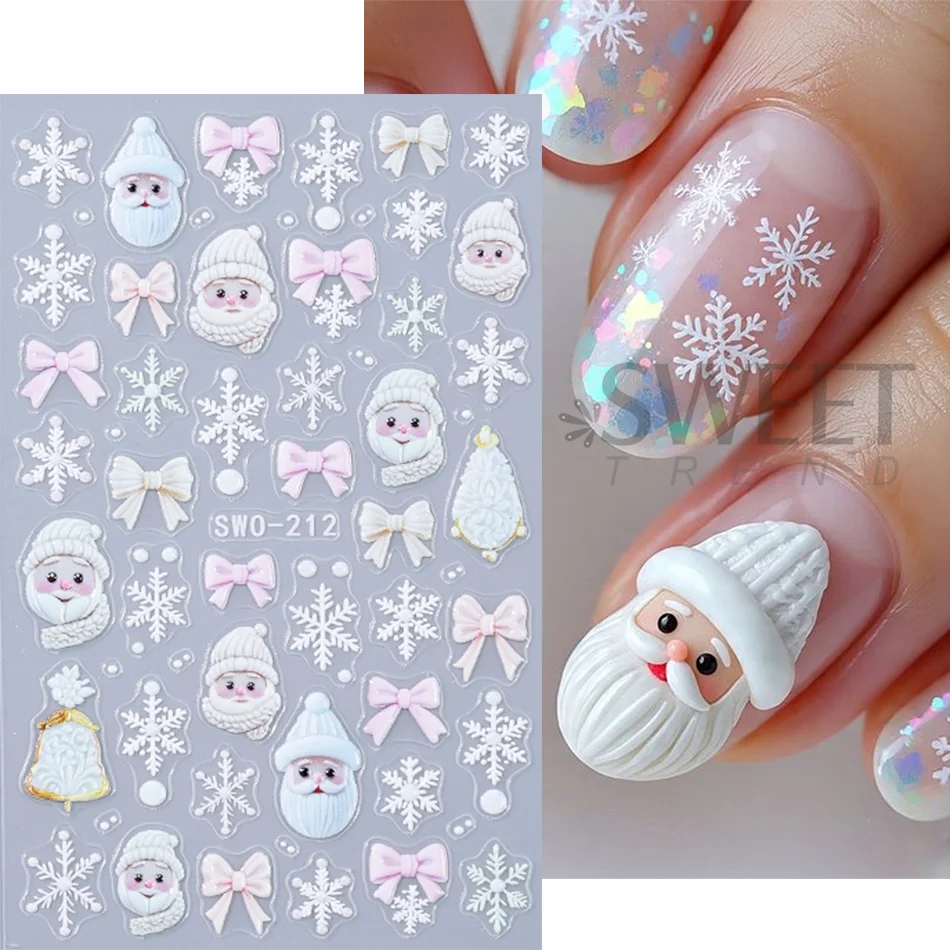 2pcs Embossed Christmas Nail Stickers Cute Snowman Santa Bow Snowflake Self‑Adhesive Nail Decals Winter Xmas DIY Manicure Decor