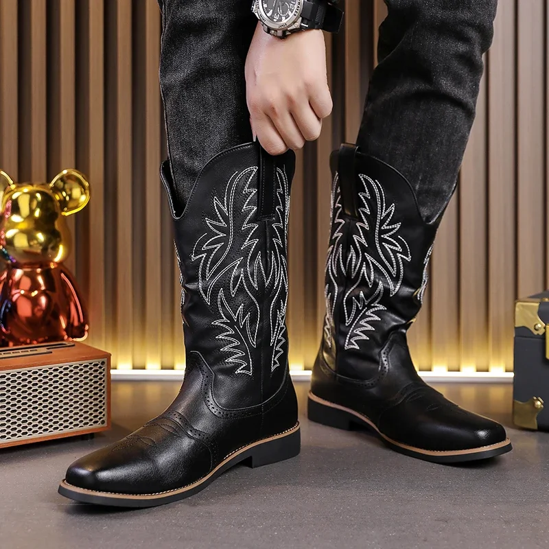 Spring Autumn Men Western Cowboy Boots High Tube Embroidered Boots Punk Man Knight Boots Retro Wide Headed Leather Shoes for Men