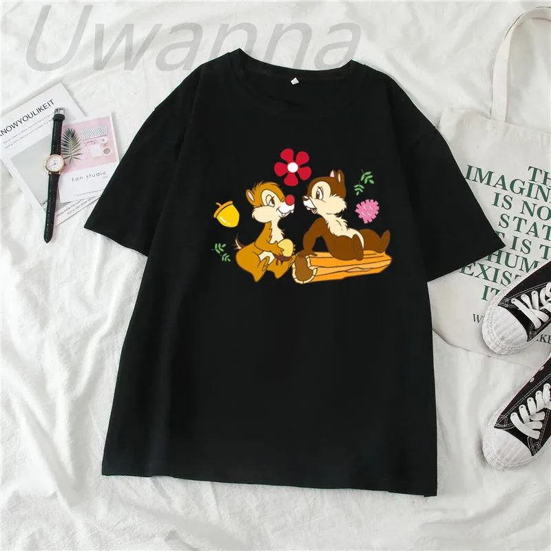 Camiseta con estampado de Chip y Dale para mujer, camiseta de manga corta, Tops blancos informales, camiseta negra Kawaii, camiseta gráfica de