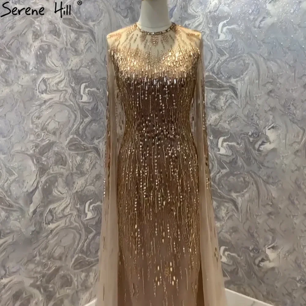 SERENE HILL Customized Luxury Gold Cape Sleeves Evening Dress Gown 2025 Mermaid Luxury Beaded  Women Wedding Party CLA71416